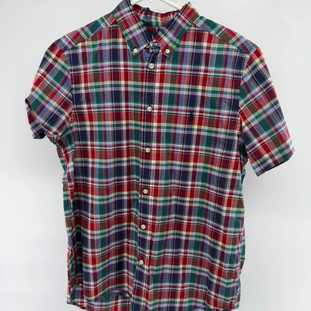 Ralph Lauren Kids Plaid Button Down Short Sleeve Shirt XL Natural Stretch Cotton